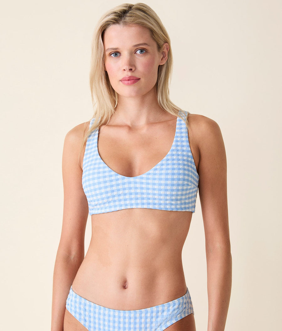 The Delray Bikini Top - Crinkle Gingham - Sky Gingham