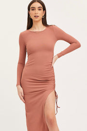 Brown Midi Dress Long Sleeve Bodycon