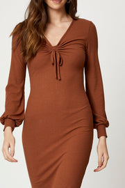 Brown Ribbed Drawstring Midi Dress