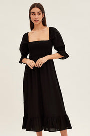Black Puff Sleeve Shirred Tiered Midi Dress