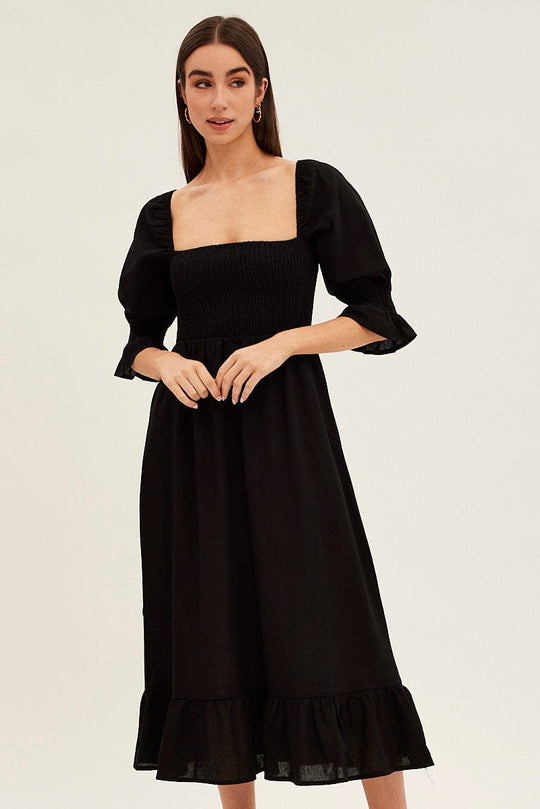 Black Puff Sleeve Shirred Tiered Midi Dress