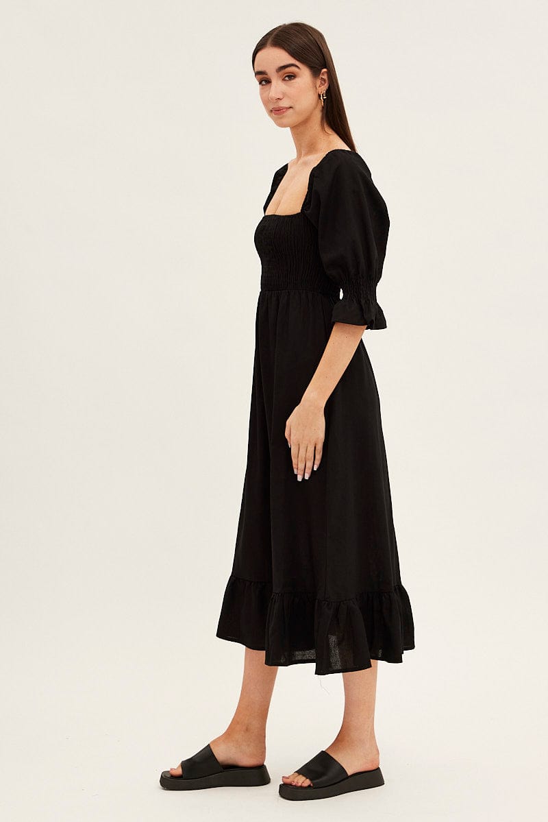 Black Puff Sleeve Shirred Tiered Midi Dress