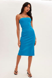 Blue Ribbed Evening Dress Strapless