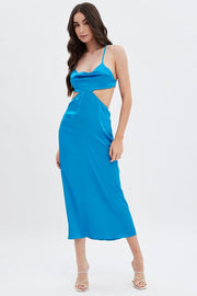 Blue Cowl Neck Cutout Midi Dress
