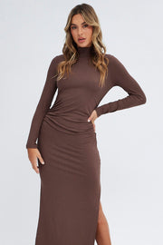 Brown Midi Dress Long Sleeve High Neck Rib Jersey