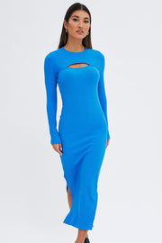Blue Midi Dress Long Sleeve Mock Neck Cut Out Bodycon