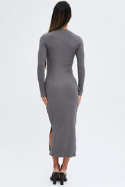 Grey Midi Dress Long Sleeve Mock Neck Cut Out Bodycon