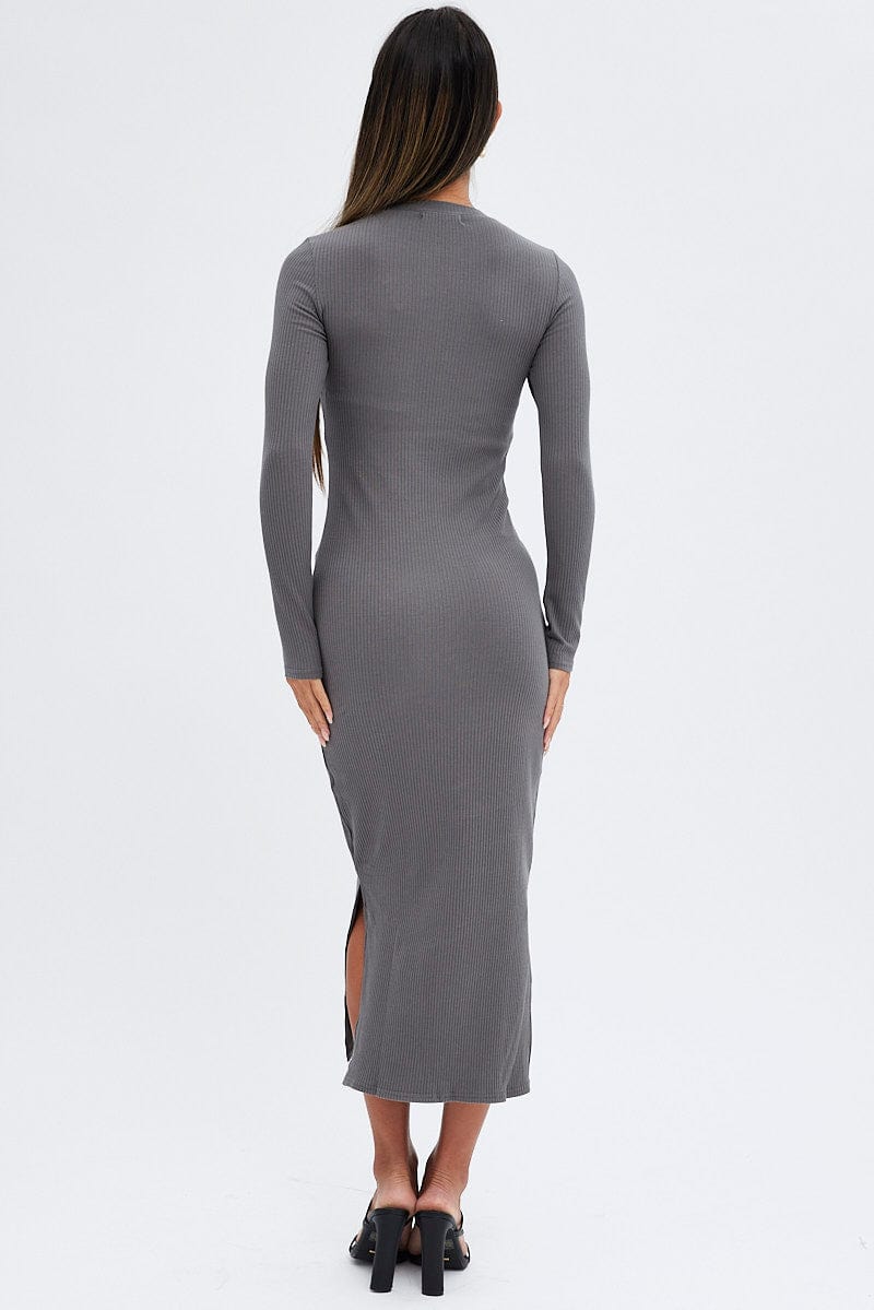 Grey Midi Dress Long Sleeve Mock Neck Cut Out Bodycon