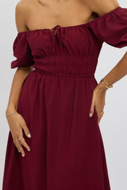 Red Midi Dress Short Sleeve Ruched Bust