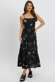Black Abstract Midi Dress Tiered Strappy