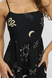 Black Abstract Midi Dress Tiered Strappy