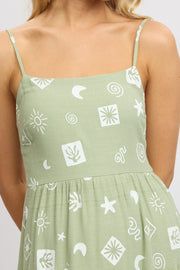 Green Abstract Midi Dress Tiered Strappy