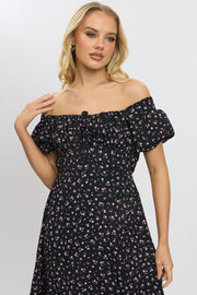 Black Ditsy Midi Dress Short Sleeve Side Split
