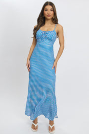 Blue Check Midi Dress Gathering Bust Sleeveless