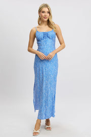 Blue Ditsy Midi Dress Gathering Bust Sleeveless