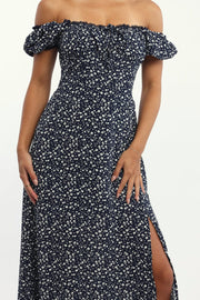 Blue Ditsy Midi Dress Short Sleeve Side Split