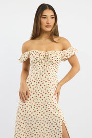 Beige Ditsy Midi Dress Short Sleeve Side Split