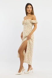 Beige Ditsy Midi Dress Short Sleeve Side Split