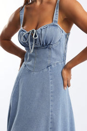Blue Midi Dress Gathered Bust
