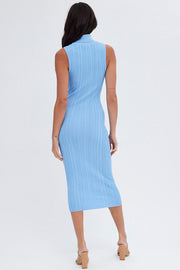 Blue Midi Dress Turtle Neck Bodycon Knitted Rib