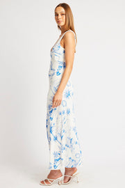 Blue Abstract Midi Dress V Neck Sleeveless