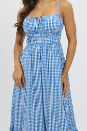 Blue Check Midi Dress Tiered Strappy