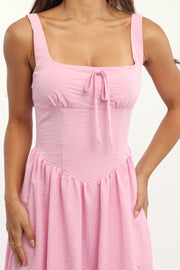 Pink Midi Dress Gathered Bust