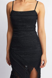 Black Midi Dress Asymmetric Hem Lace