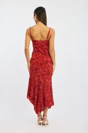 Red Floral Midi Dress Gathered Bust Strappy