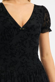 Black Midi Dress Puff Sleeve Burn Out
