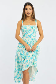 Blue Floral Midi Dress Gathered Bust Lace Trim