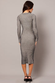 Black Stripe Midi Dress Long Sleeve Round Neck Rib Knitted
