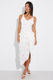White Floral Draped Midi Dress Corset Detail Tie Shoulder