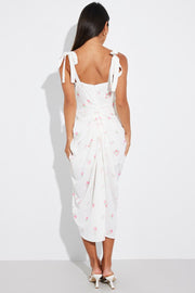 White Floral Draped Midi Dress Corset Detail Tie Shoulder
