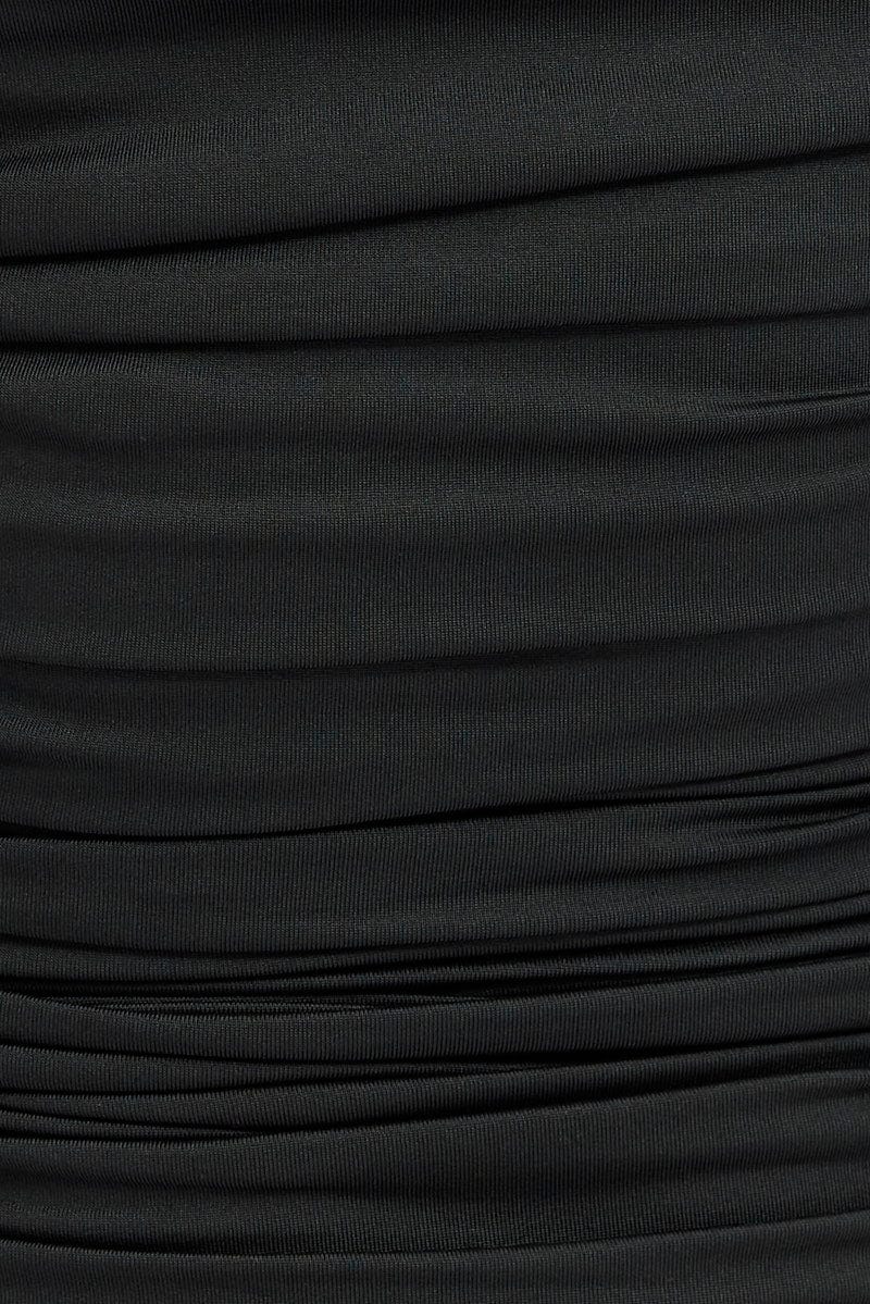 Black Bodycon Midi Dress Rose Strappy Rosette Gathered