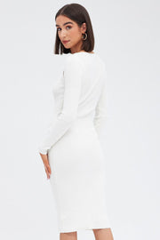 White Midi Dress Long Sleeve Keyhole Bodycon Rib Knit