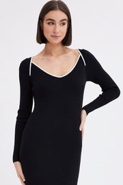 Black Midi Dress Long Sleeve Sweetheart Contrast Bind