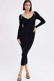 Black Midi Dress Long Sleeve Sweetheart Contrast Bind