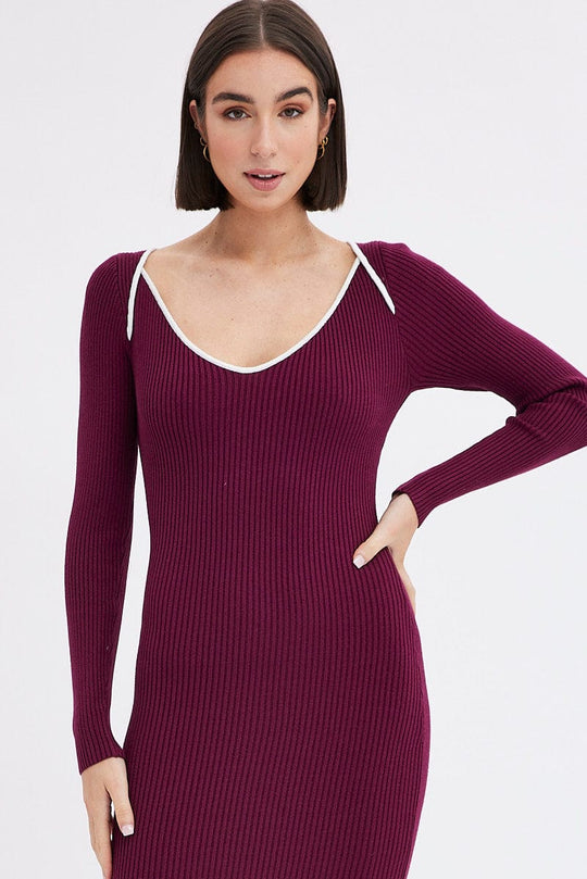 Purple Midi Dress Long Sleeve Sweetheart Contrast Bind