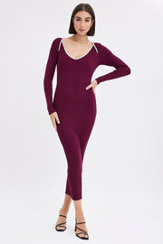 Purple Midi Dress Long Sleeve Sweetheart Contrast Bind