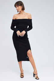 Black Midi Dress Long Sleeve Off Shoulder Bardot Knit