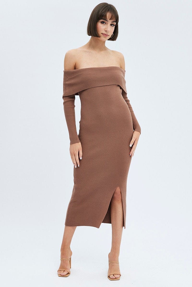 Brown Midi Dress Long Sleeve Off Shoulder Bardot Knit