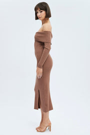 Brown Midi Dress Long Sleeve Off Shoulder Bardot Knit
