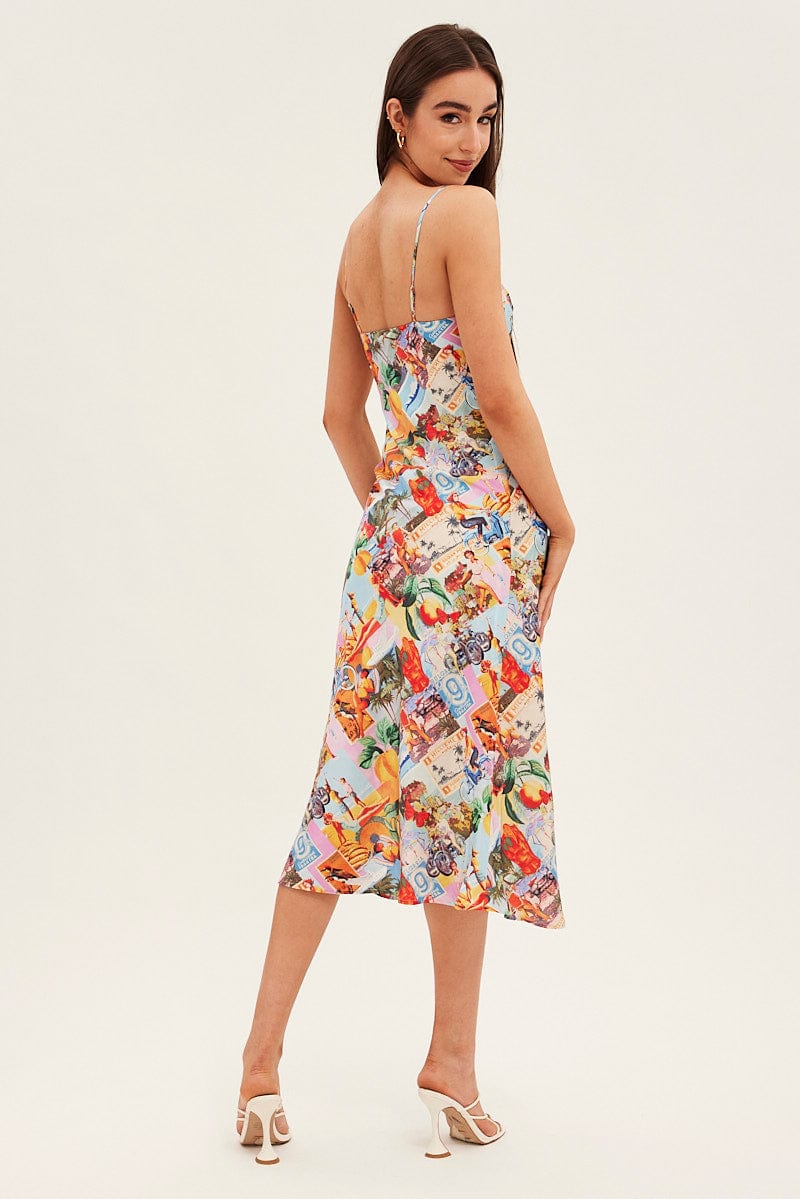 Orange Abstract Slip Dress Satin Midi Postcard Holiday Print