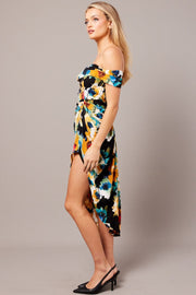 Black Floral Bardot Midi Dress Draped Off Shoulder Dress