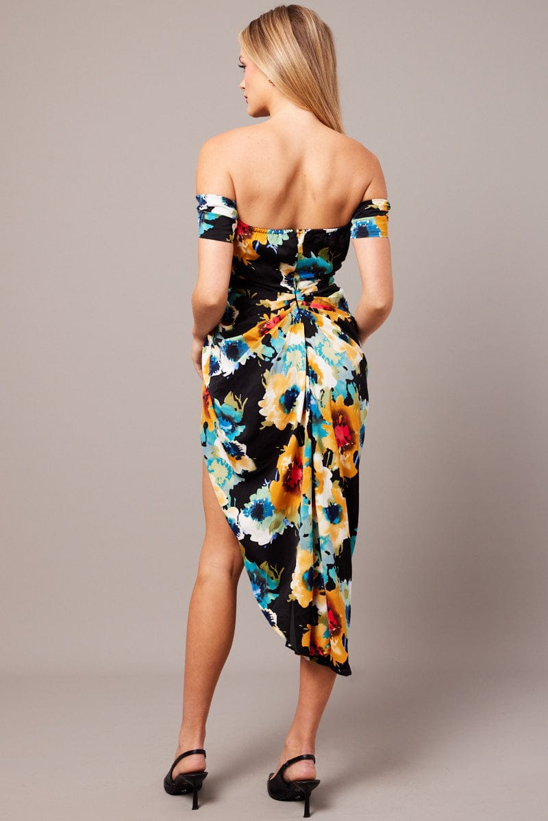 Black Floral Bardot Midi Dress Draped Off Shoulder Dress