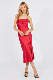 Red Satin Dress Cocktail Split Side Strappy