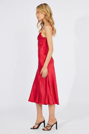 Red Satin Dress Cocktail Split Side Strappy