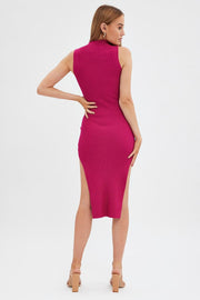 Pink Midi Dress High Neck Knit