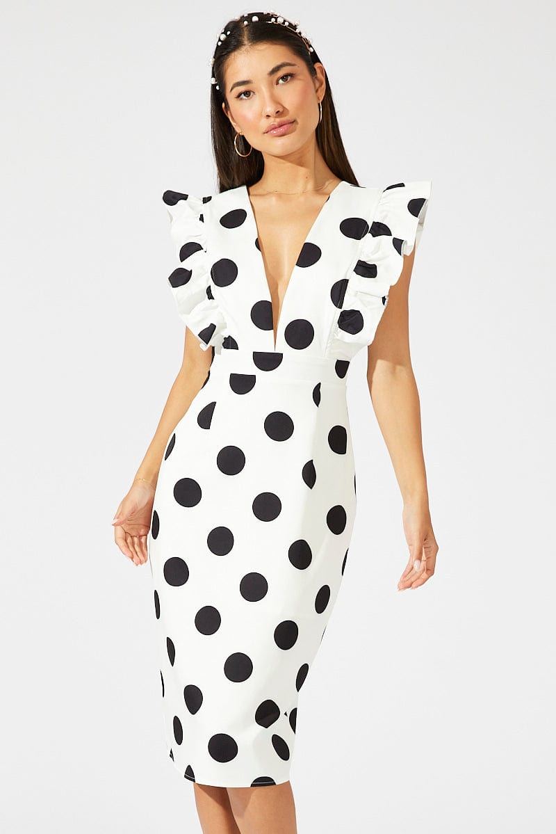 Black Polka Dot Midi Dress Plunge Ruffle Shoulder Oversized Polka